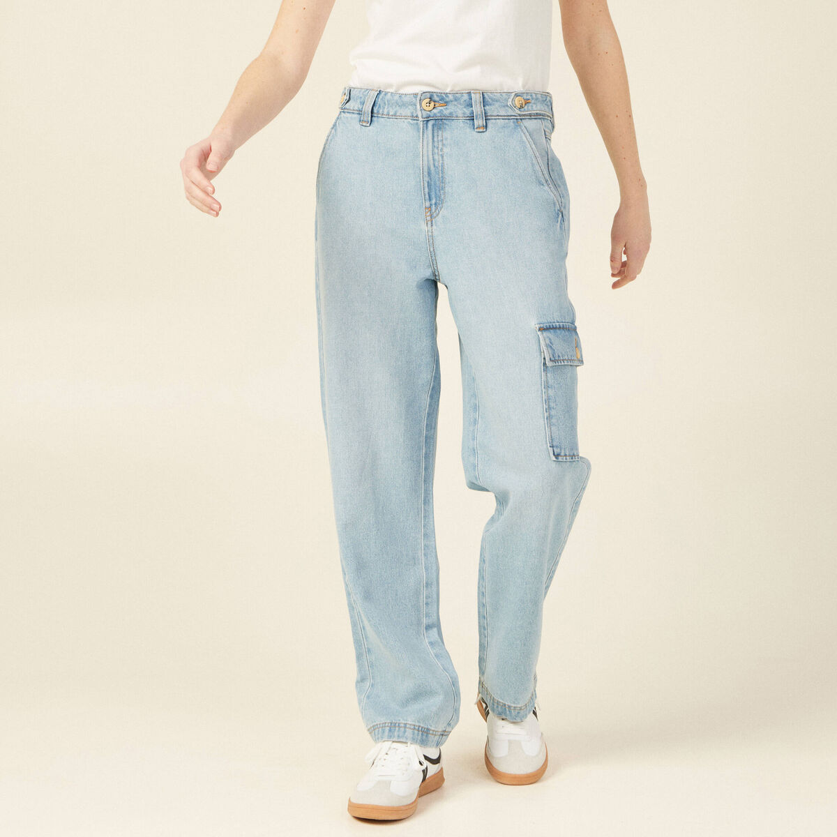 Jeans cargo 5 poches denim bleach femme