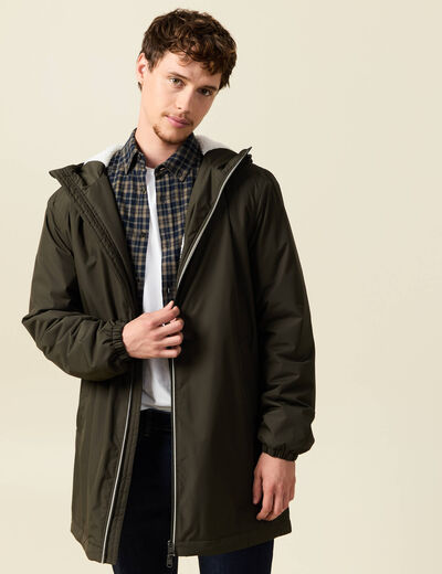 Parka longue droite &agrave; capuche vert kaki homme