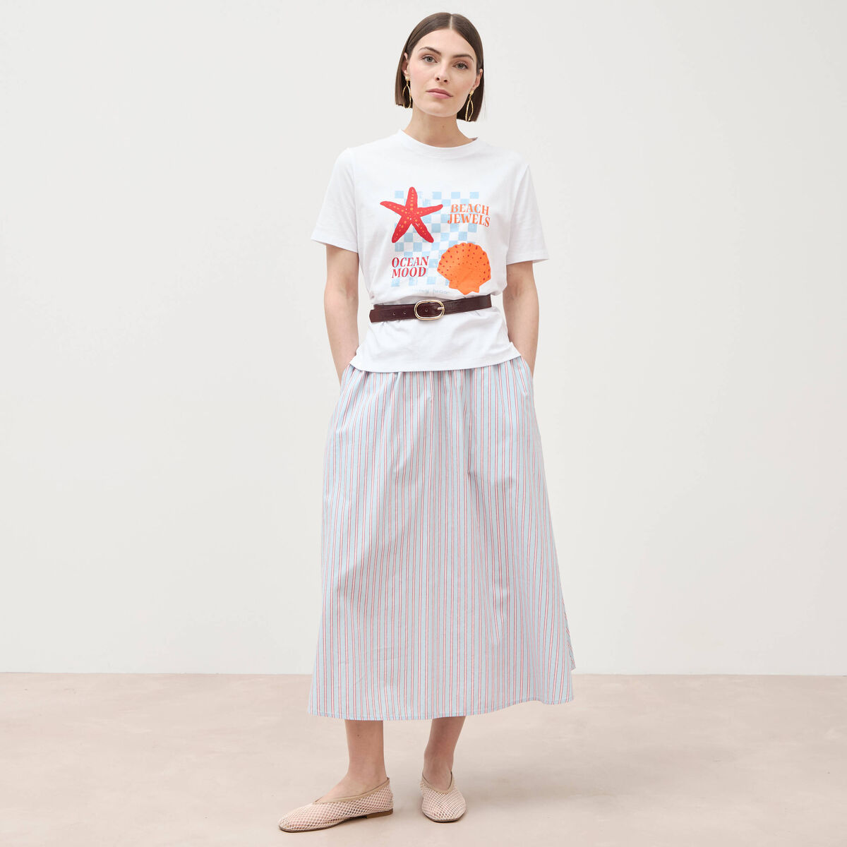 T-shirt droit col rond manches courtes blanc femme