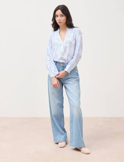 Chemise en coton col V manches longues bleu gris femme