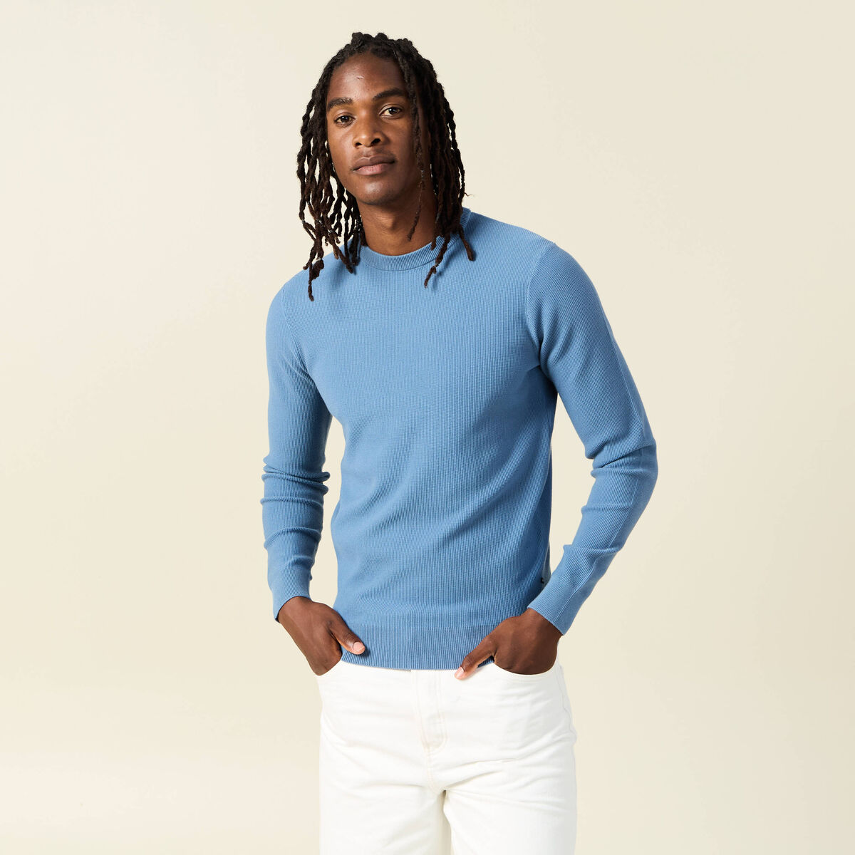 Pull fin col rond manches longues bleu gris homme