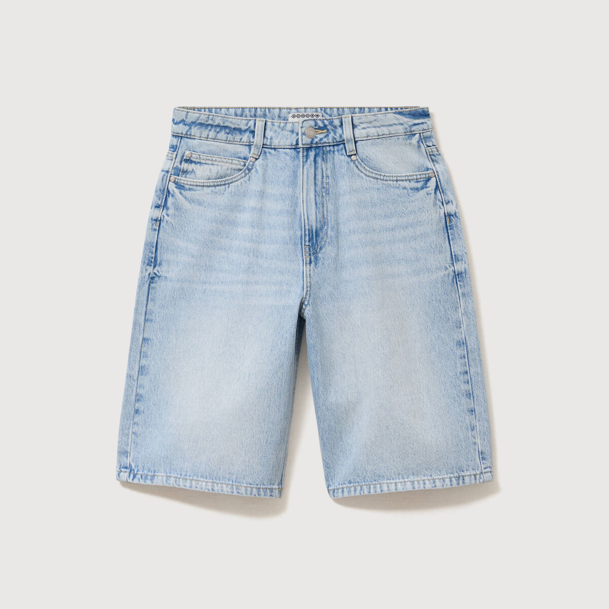 Bermuda large taille haute en coton denim bleach femme