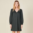 Robe droite col en V satin vert foncé femme