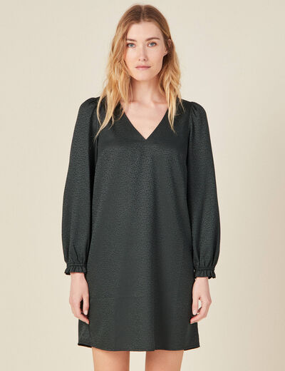 Robe droite col en V satin vert foncé femme