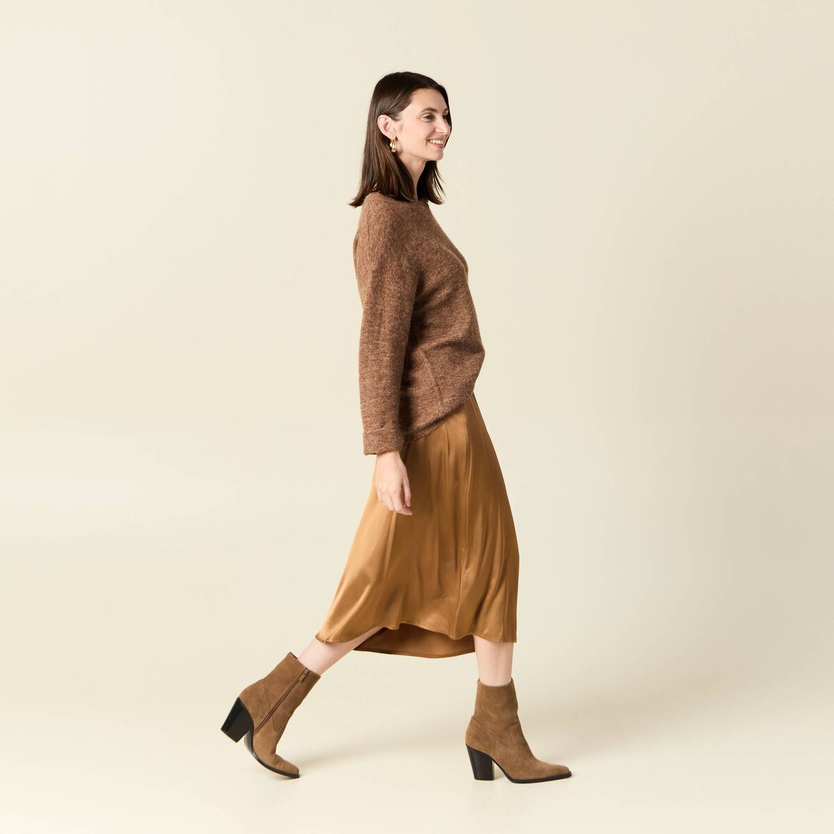 Jupe midi droite satin marron clair femme