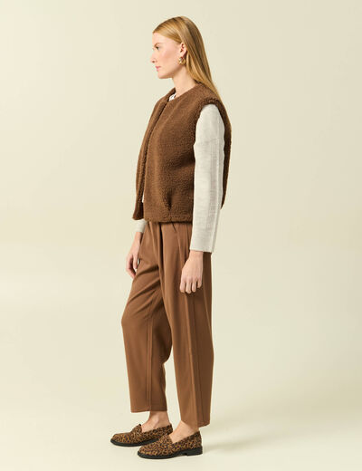 Gilet sans manches bouclette col rond marron femme