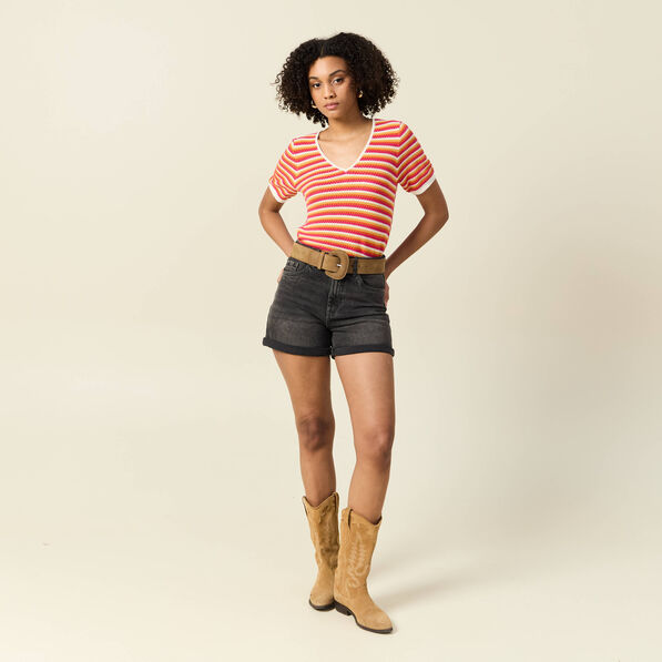 Pull manches courtes marron cognac femme