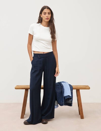 Pantalon large taille haute ceinture bleu fonc&eacute; femme