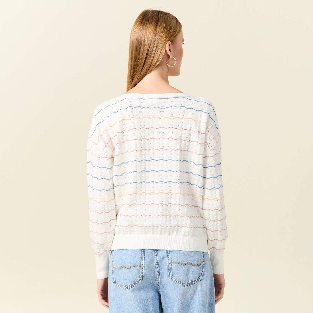 Pull manches longues ajouré ecru femme