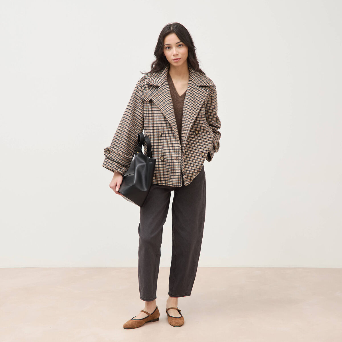 Caban oversize court col tailleur marron femme