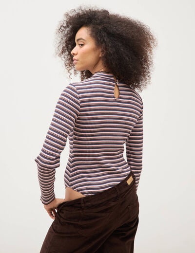 Body ray&eacute; col montant manches longues marron femme