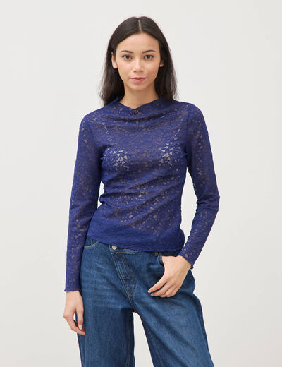 T-shirt ajust&eacute; dentelle manches longues bleu fonc&eacute; femme