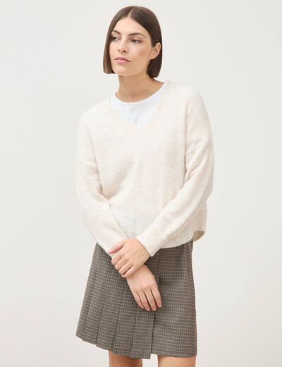 Pull droit col v manches longues creme femme