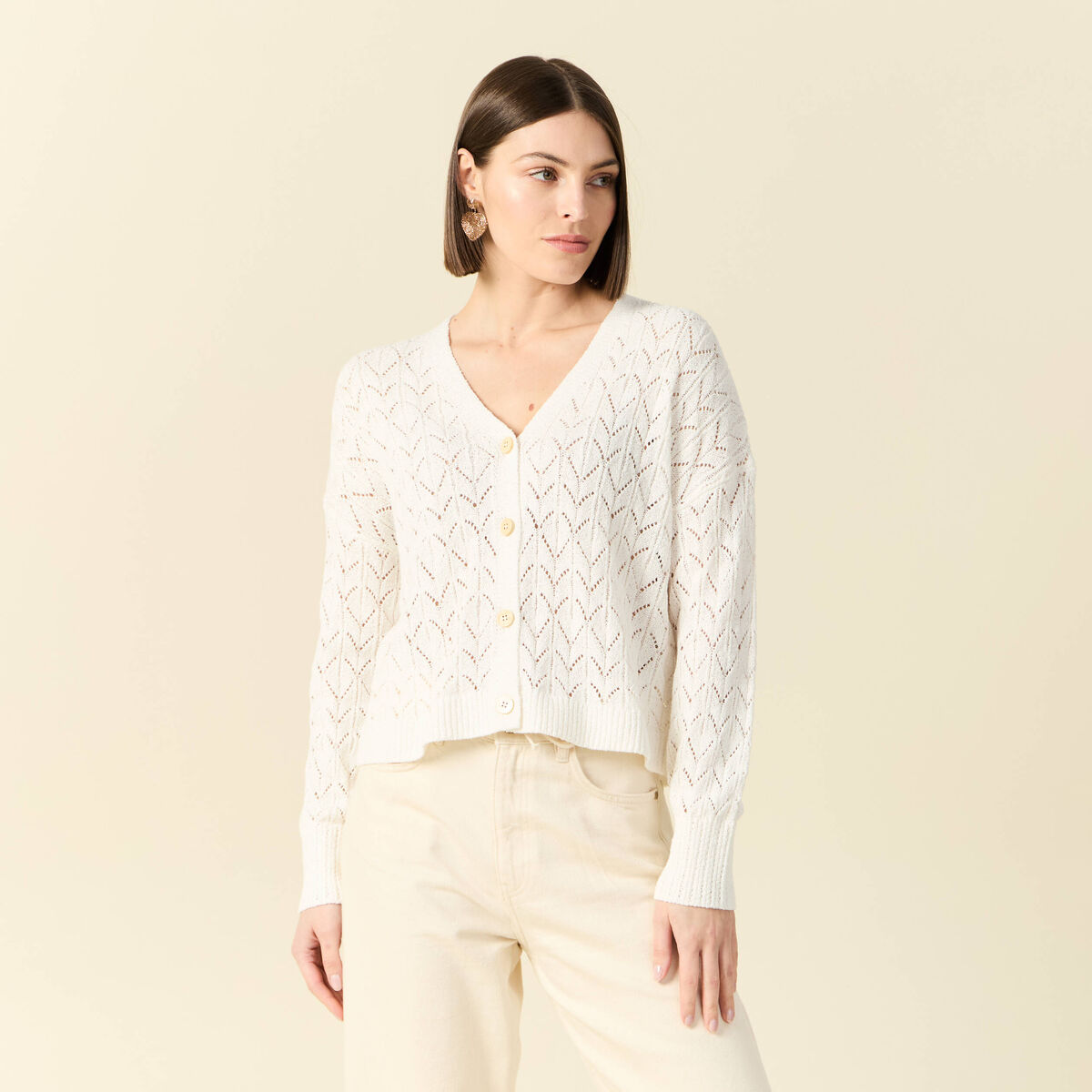 Gilet manches longues ajouré ecru femme