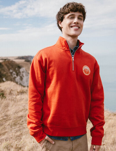 Sweat col camionneur manches longues orange fonc&eacute; homme