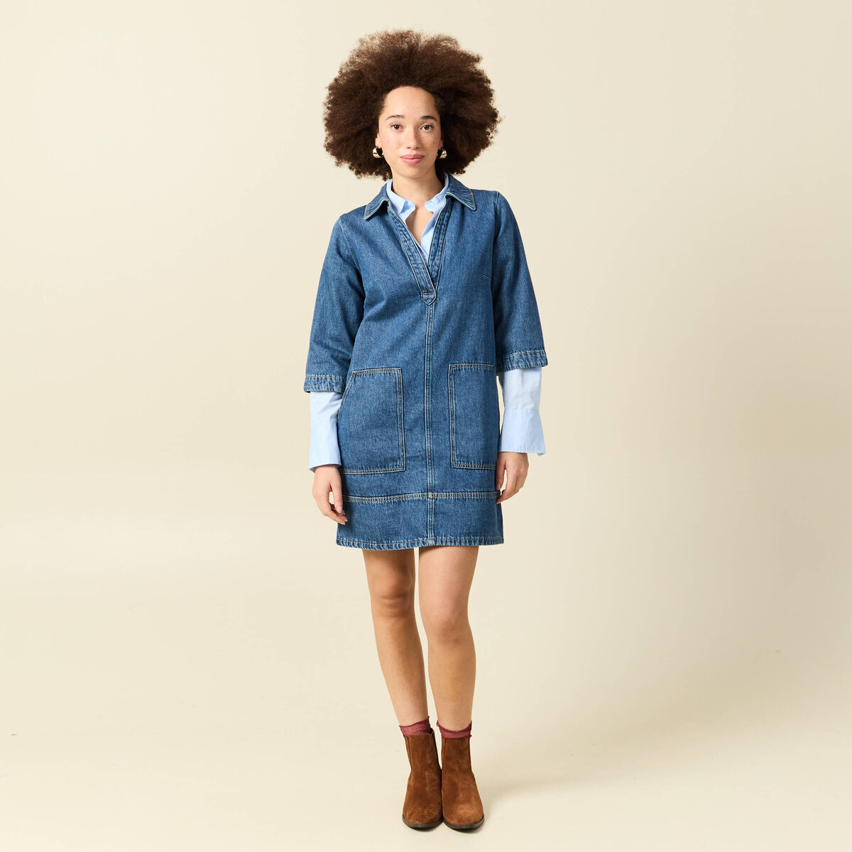 Robe droite courte en coton col v denim stone femme
