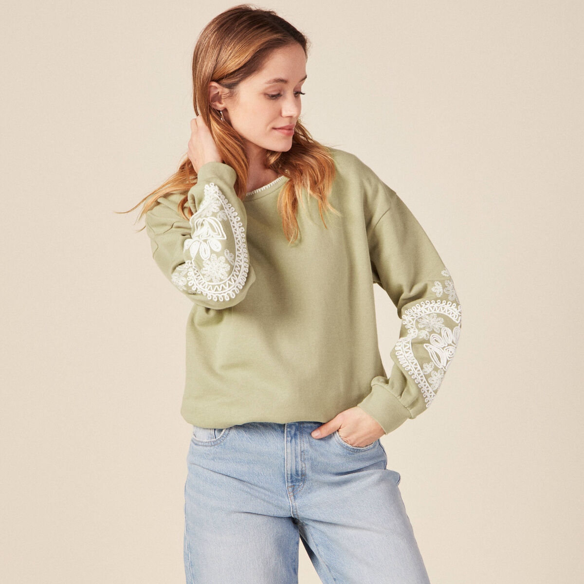 Sweat manches longues vert kaki femme