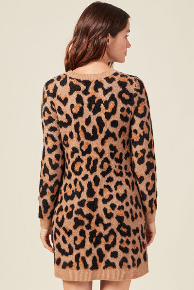 Robe pull droite col rond marron clair femme
