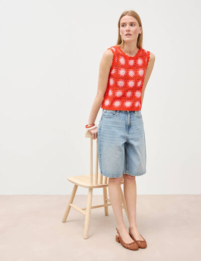 D&eacute;bardeur crochet col rond sans manches orange fonc&eacute; femme