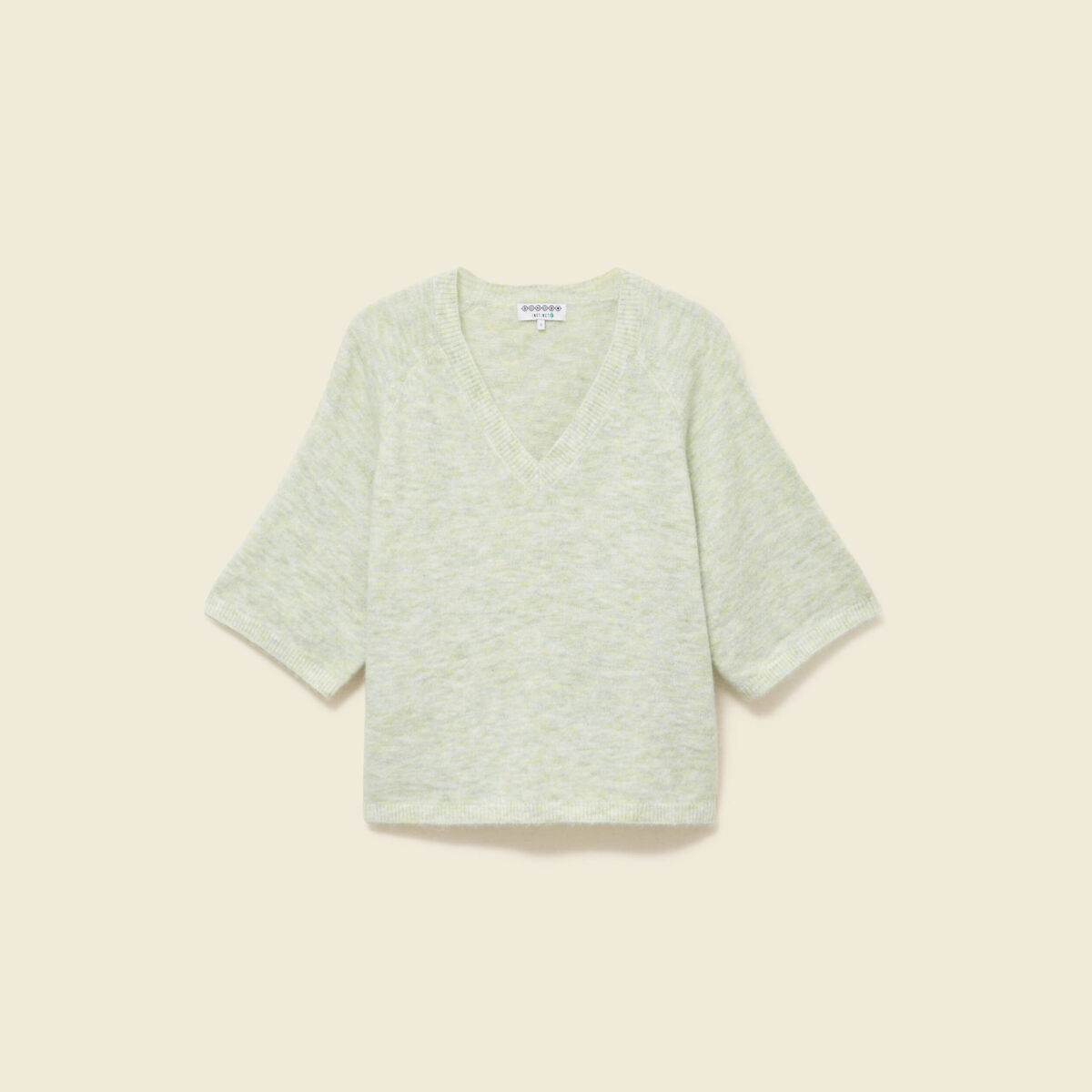 Pull col v manches 3/4 vert femme