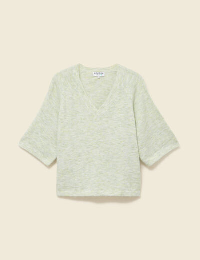 Pull col v manches 3/4 vert femme