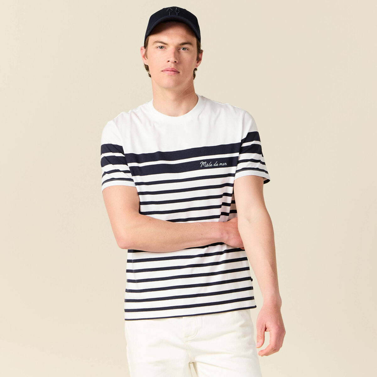 T-shirt ray&eacute; col rond manches courtes ecru homme