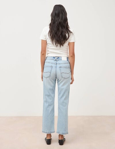 Jeans straight 7/8&egrave;me taille haute denim bleach femme