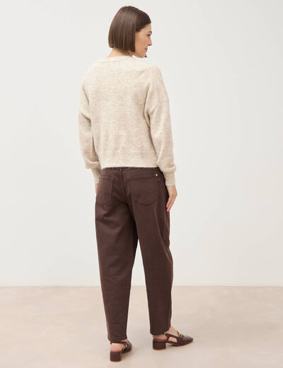 Pull droit manches longues col rond creme femme