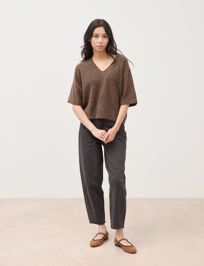 Pull droit col rond manches courtes marron femme