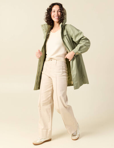 Parka longue droite d&eacute;perlante &agrave; capuche vert kaki femme