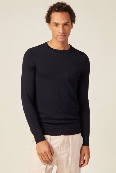 Pull 100% laine mérinos bleu marine homme
