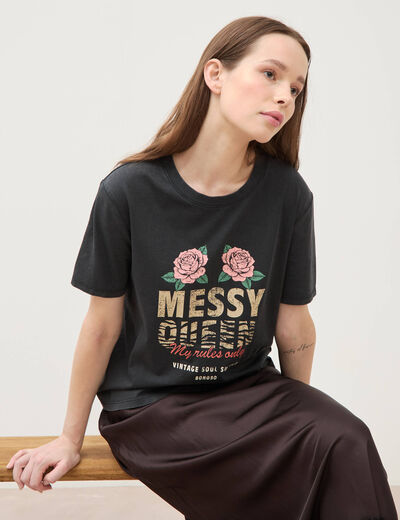 T-shirt droit col rond manches courtes noir femme