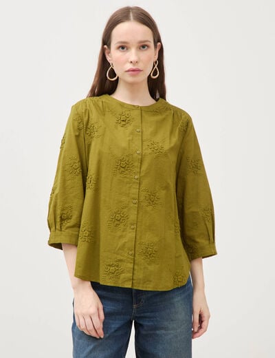 Chemise en coton manches 3/4 vert kaki femme