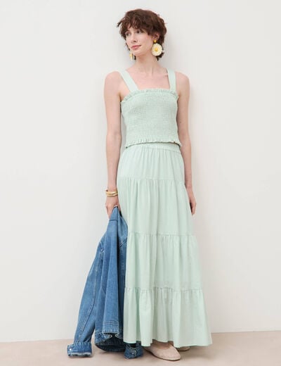 Jupe longue &eacute;vas&eacute;e en coton doubl&eacute;e vert pastel femme