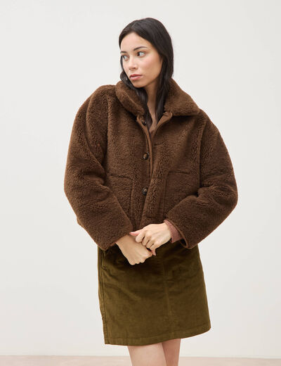 Manteau r&eacute;versible oversize court marron femme