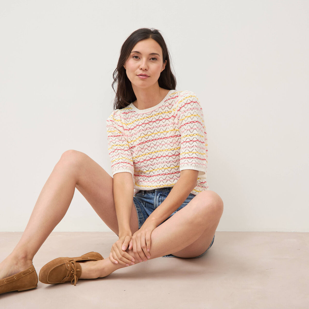 Pull col bateau manches courtes rose femme