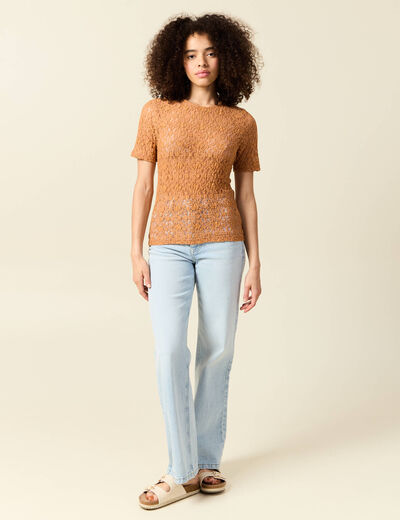 T-shirt cintr&eacute; col rond dentelle terracotta femme