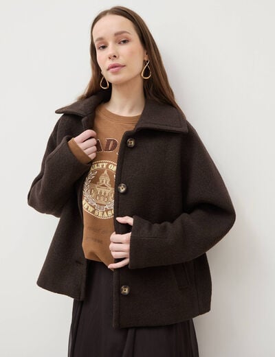 Manteau oversize court col tailleur marron fonc&eacute; femme