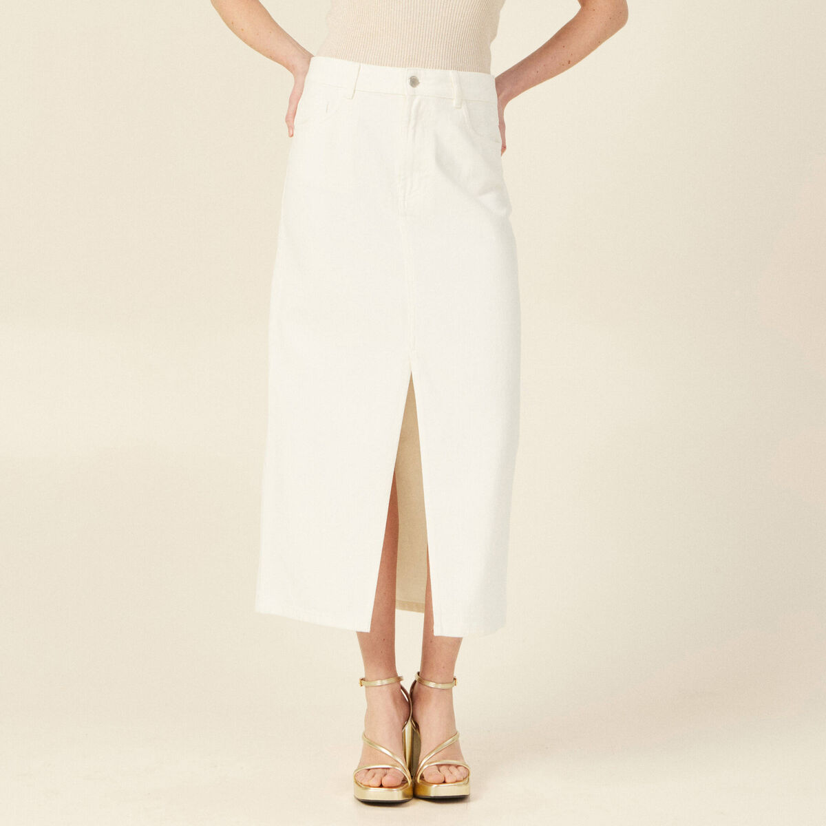 Jupe midi fourreau denim blanc femme