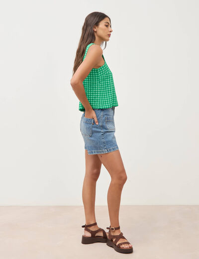 Blouse vichy droite cropped sans manches vert femme