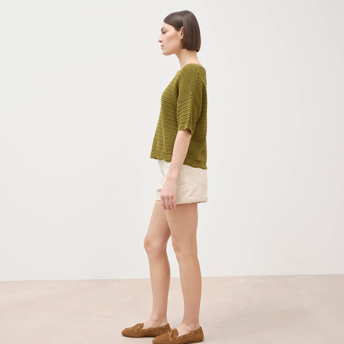 Pull col rond manches courtes vert kaki femme