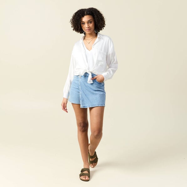 jupe short droite en jean denim bleach femme Jupe-short droite en jean denim bleach femme