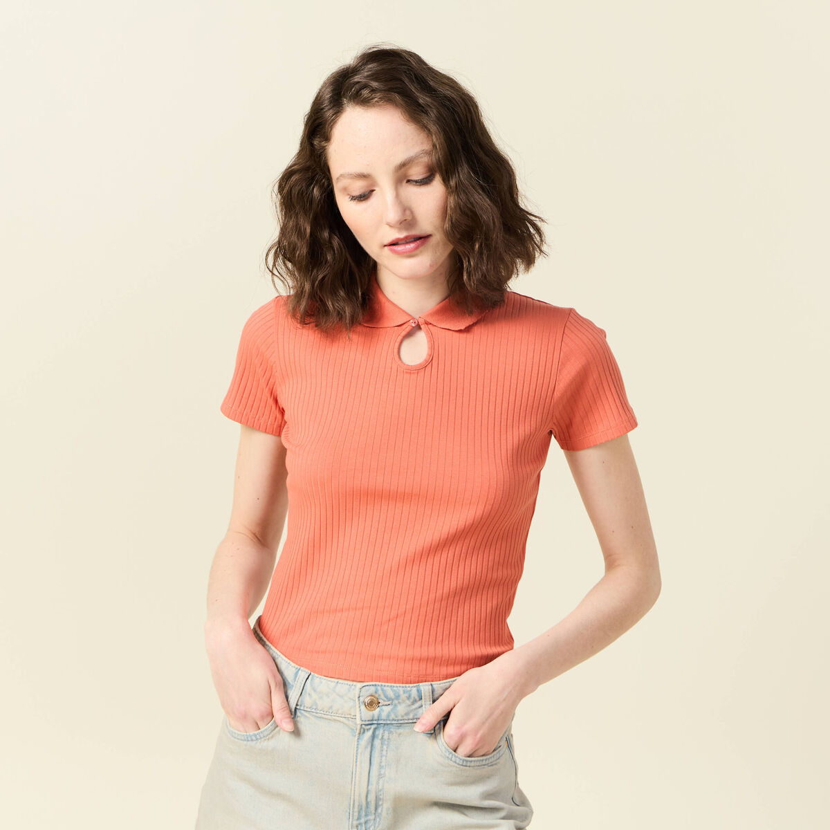 Polo manches courtes orange fonc&eacute; femme