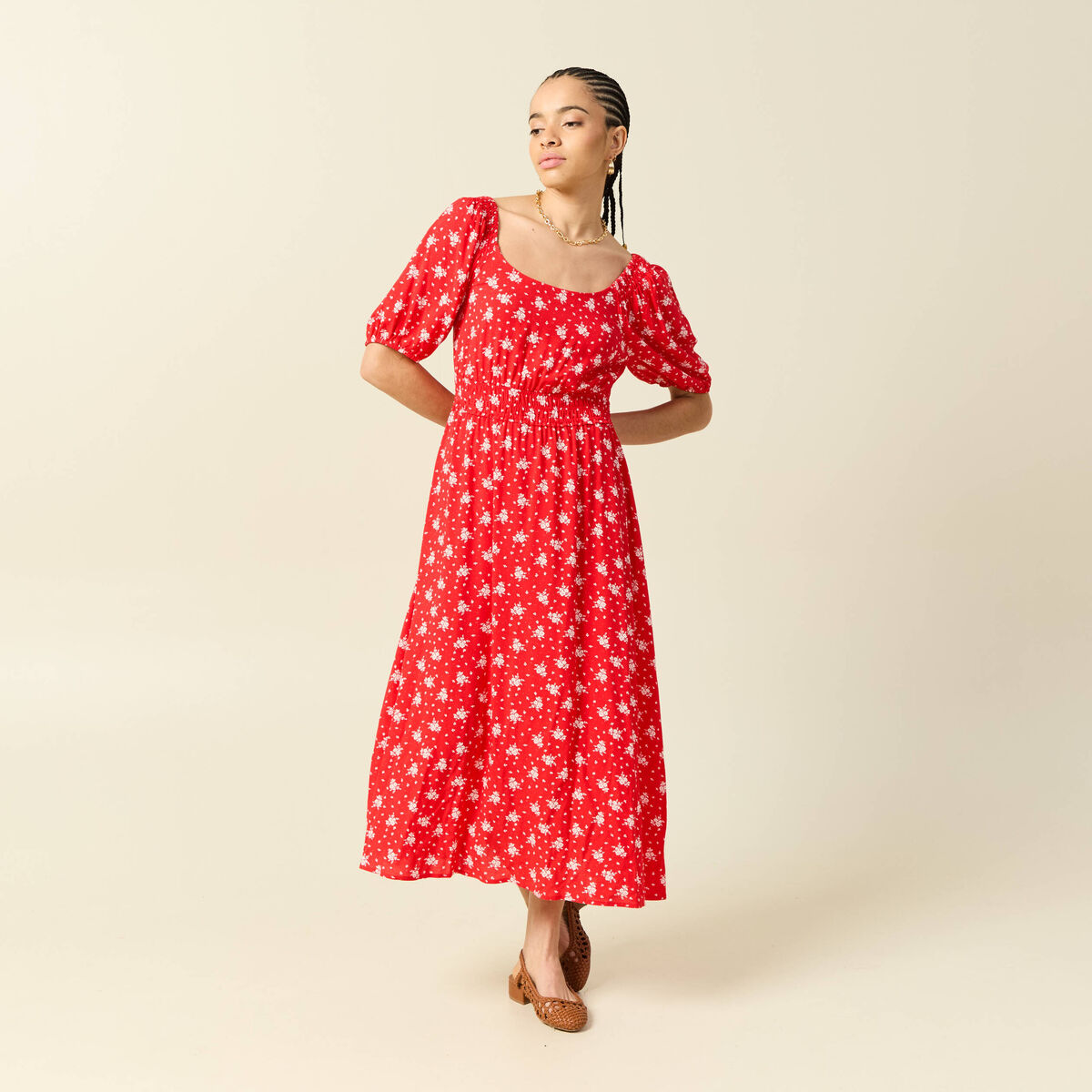 Robe longue &eacute;vas&eacute;e manches courtes rouge femme