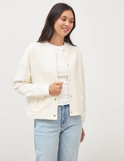 Veste droite manches longues tweed ecru femme