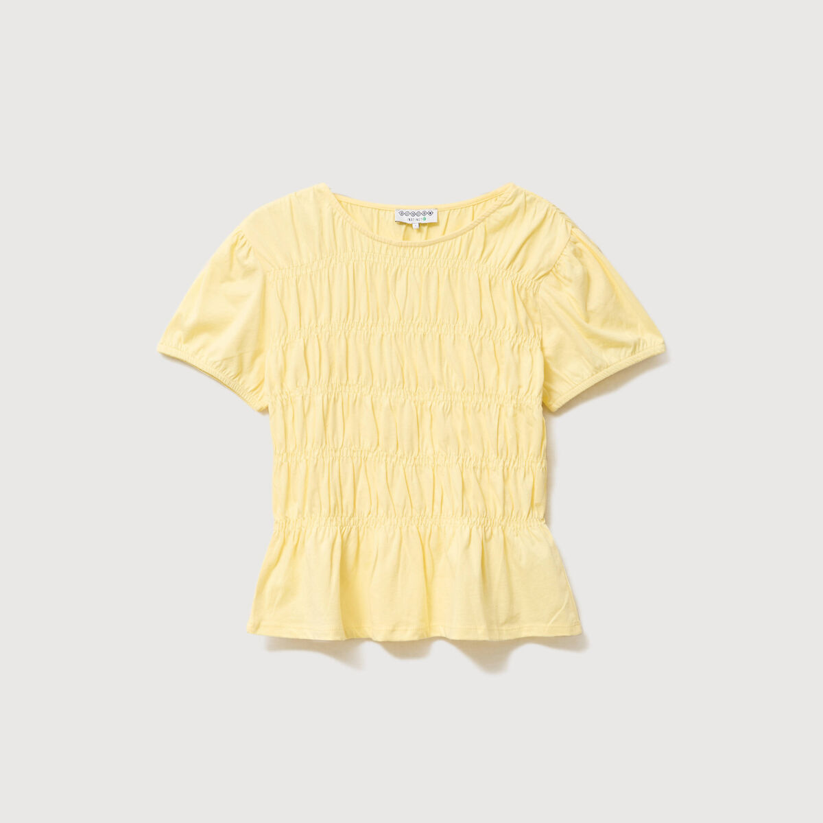 T-shirt fronc&eacute; col rond manches courtes jaune pastel femme