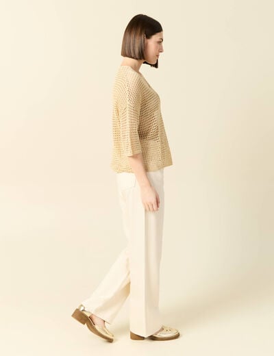 Pull manches courtes ajouré creme femme