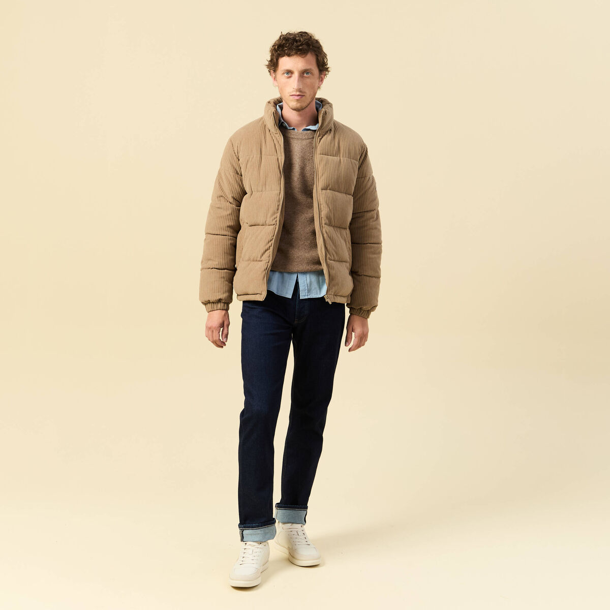 Doudoune courte col montant beige homme