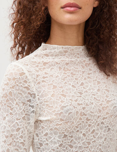 T-shirt ajust&eacute; dentelle manches longues ecru femme