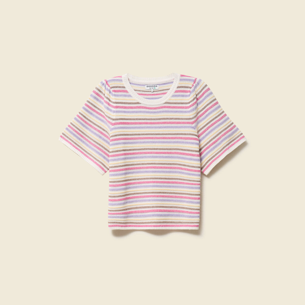 Pull droit court col rond manches coude violet clair femme